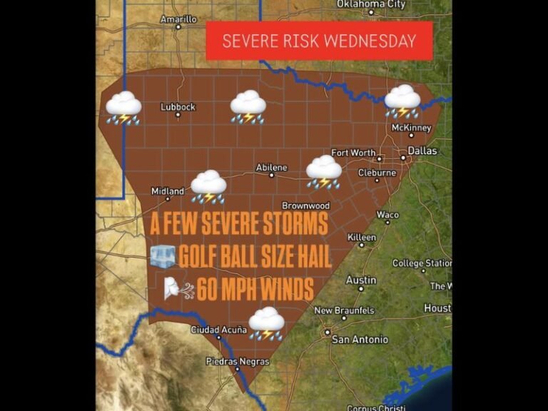 Texas and Oklahoma Face Severe Storm Threat Wednesday with Golf Ball Size Hail, 60 MPH Winds, and Flooding Risk
