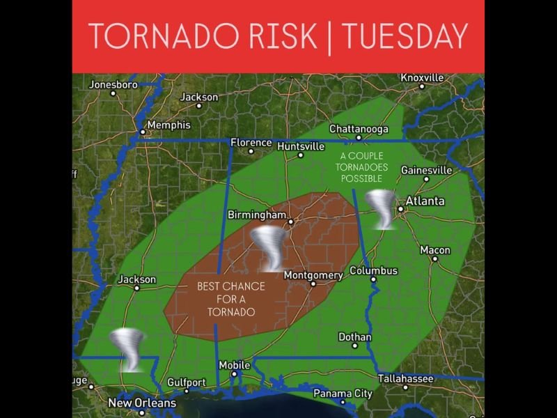 Tornado Threat Expands Across Deep South Tuesday as Severe Weather Targets Alabama, Mississippi, and Georgia
