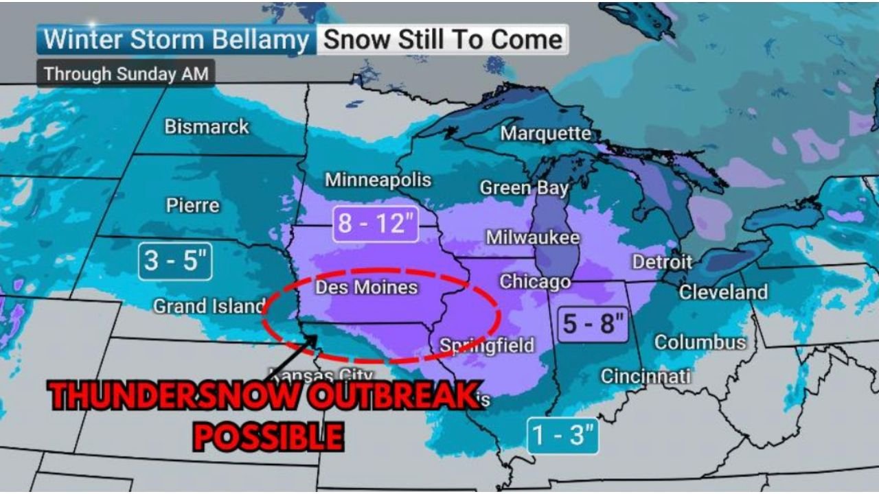 Winter Storm Bellamy to Bring 8–12 Inches of Snow and Possible Thundersnow Across Iowa, Missouri, and Western Illinois Tonight