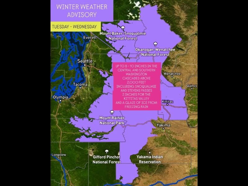 Winter Weather Advisory Issued for Washington Mountains as Up to 10 Inches of Snow Expected Tuesday and Wednesday