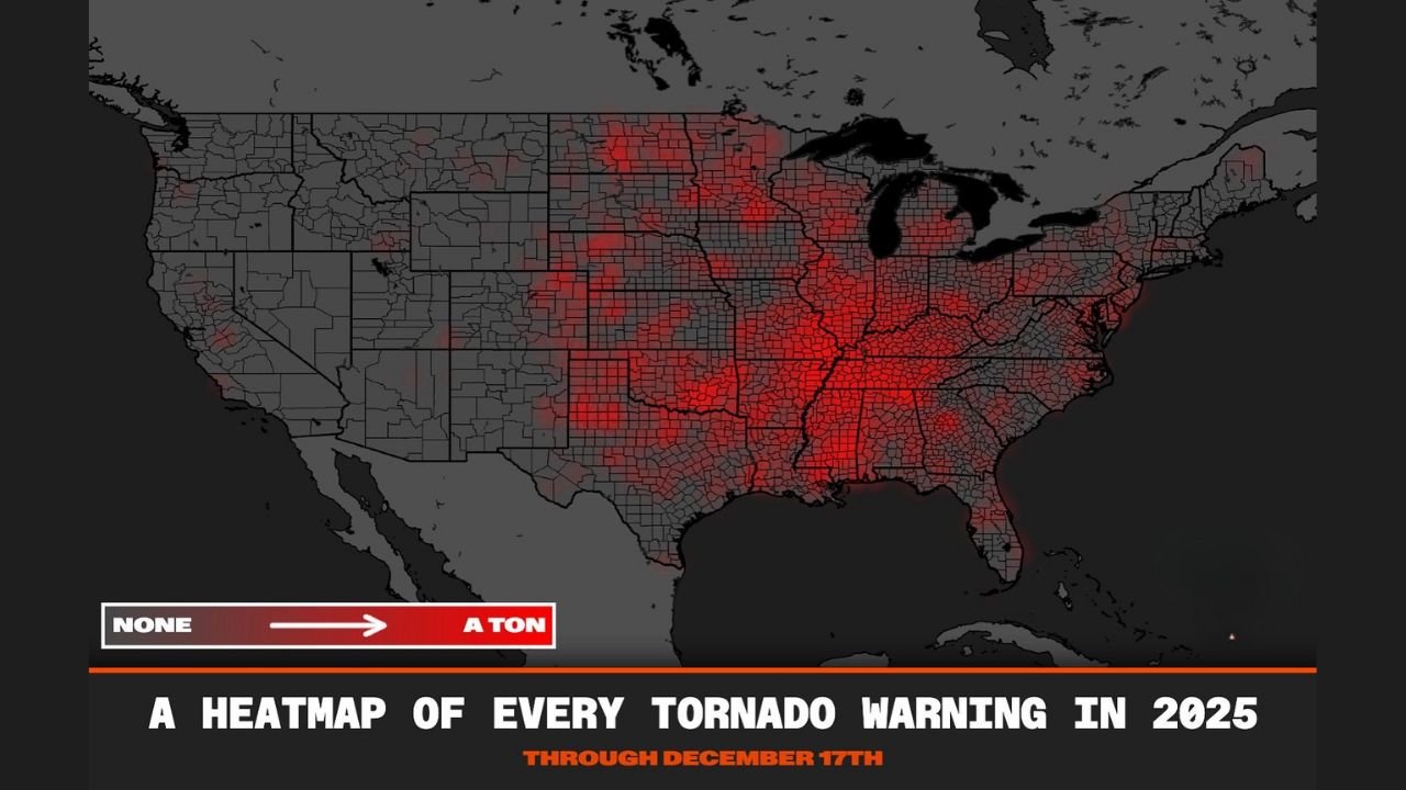 Alabama, Tennessee, Mississippi, and the Midwest Stand Out as 2025 Tornado Warning Heat Map Reveals Extreme Severe Weather Concentration