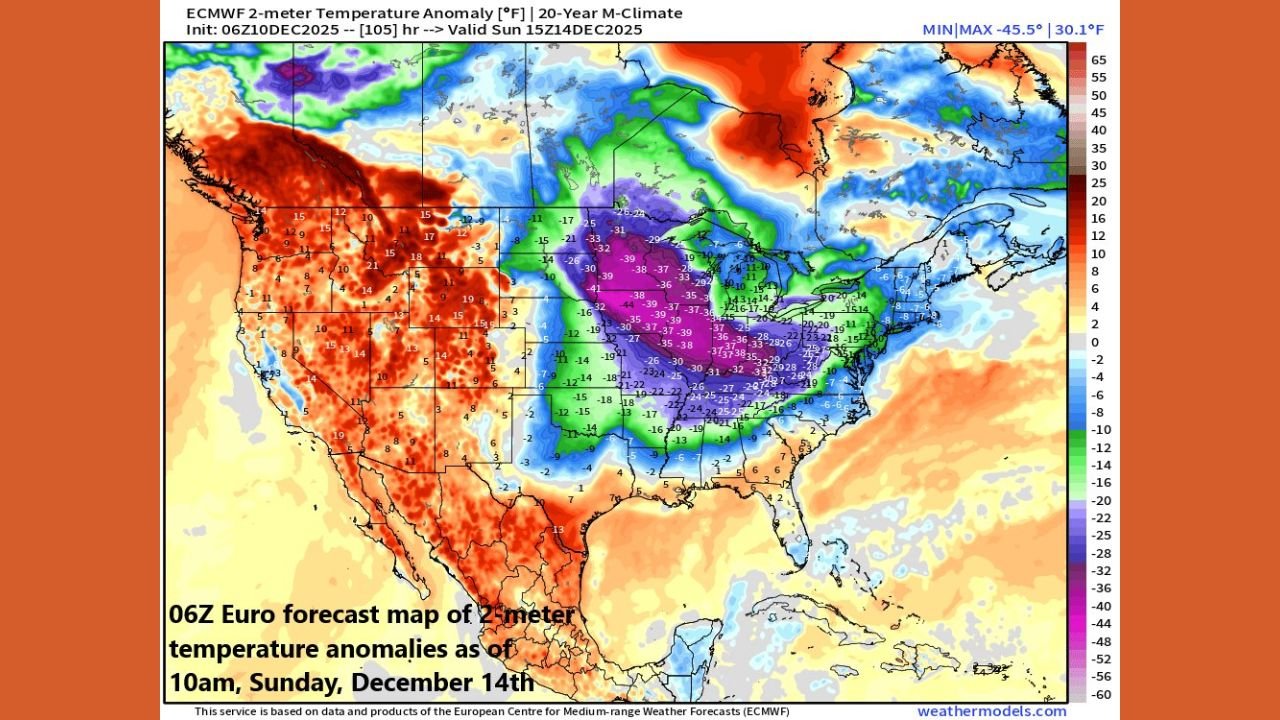 Arctic Outbreak to Slam Minnesota, Wisconsin, and Michigan as Temperature Anomalies Plunge 30–40 Degrees Below Normal Across the Great Lakes