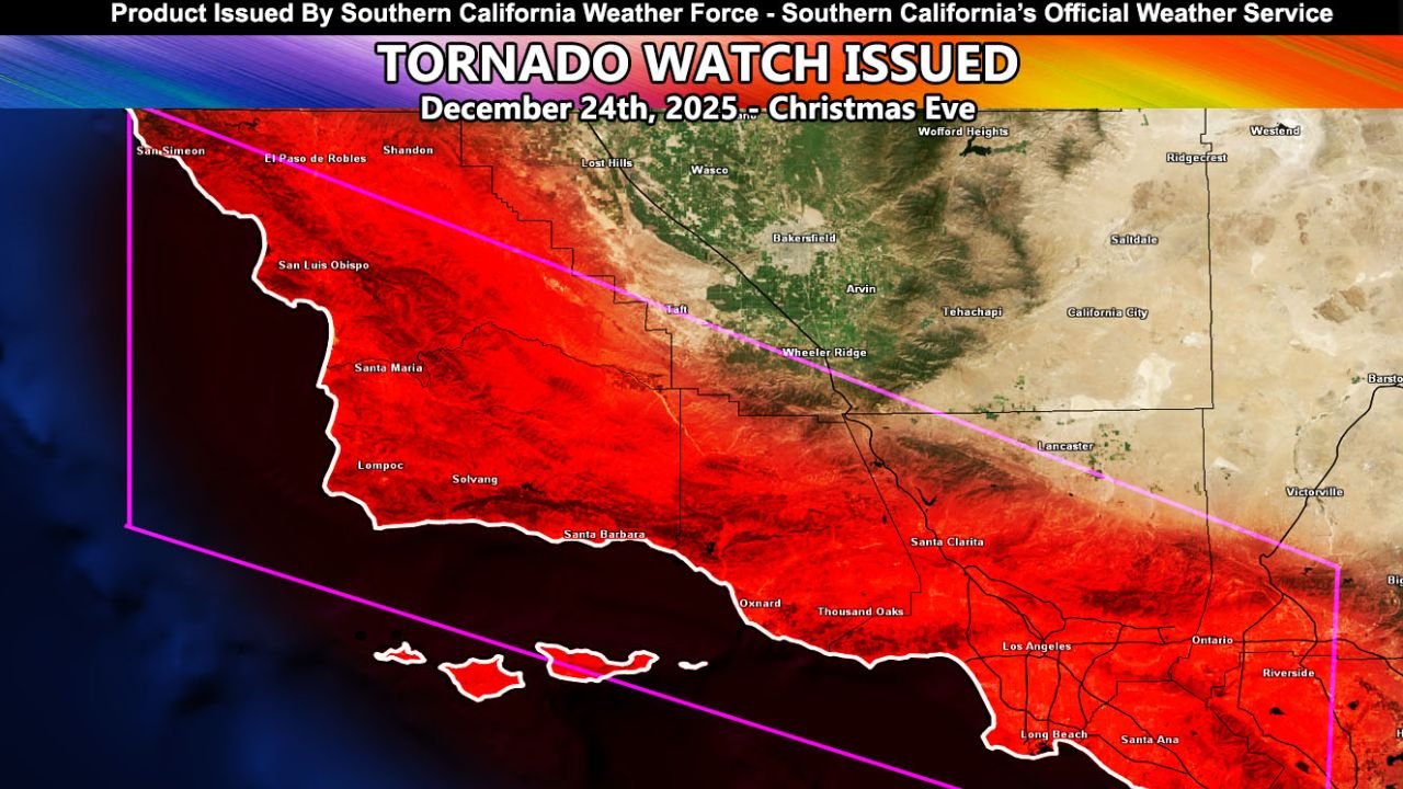 California Tornado Watch Issued for Southern California on Christmas Eve, Impacting Coastal and Inland Counties