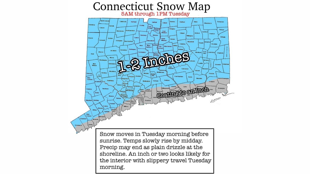 Connecticut Snow Forecast Signals Light Tuesday Morning Accumulations With Slick Travel and Rapid Improvement