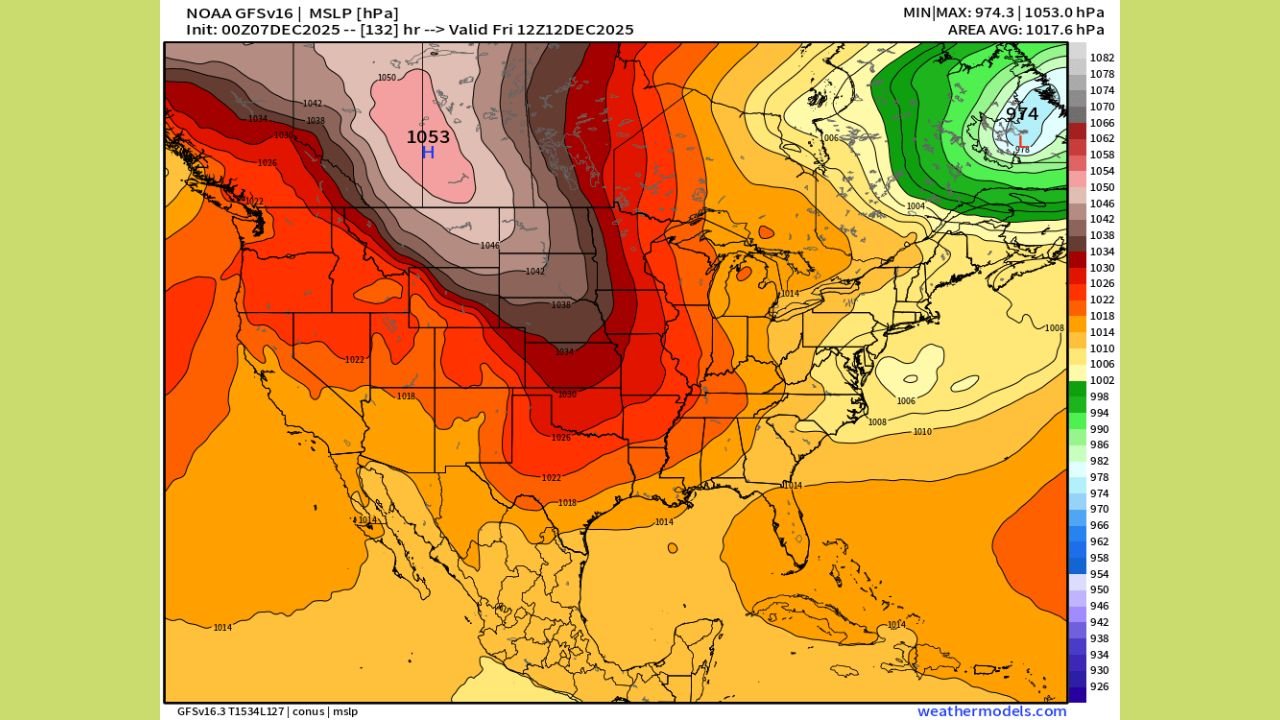 Explosive 1053 mb Arctic High Over North Dakota Set to Drive Dangerous Cold Across the U.S. Next Week