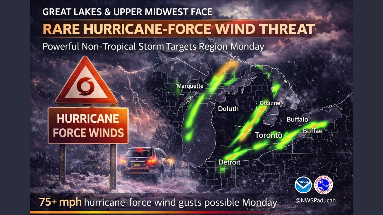 Great Lakes and Upper Midwest Face Rare Hurricane-Force Wind Threat as Powerful Non-Tropical Storm Targets Region Monday