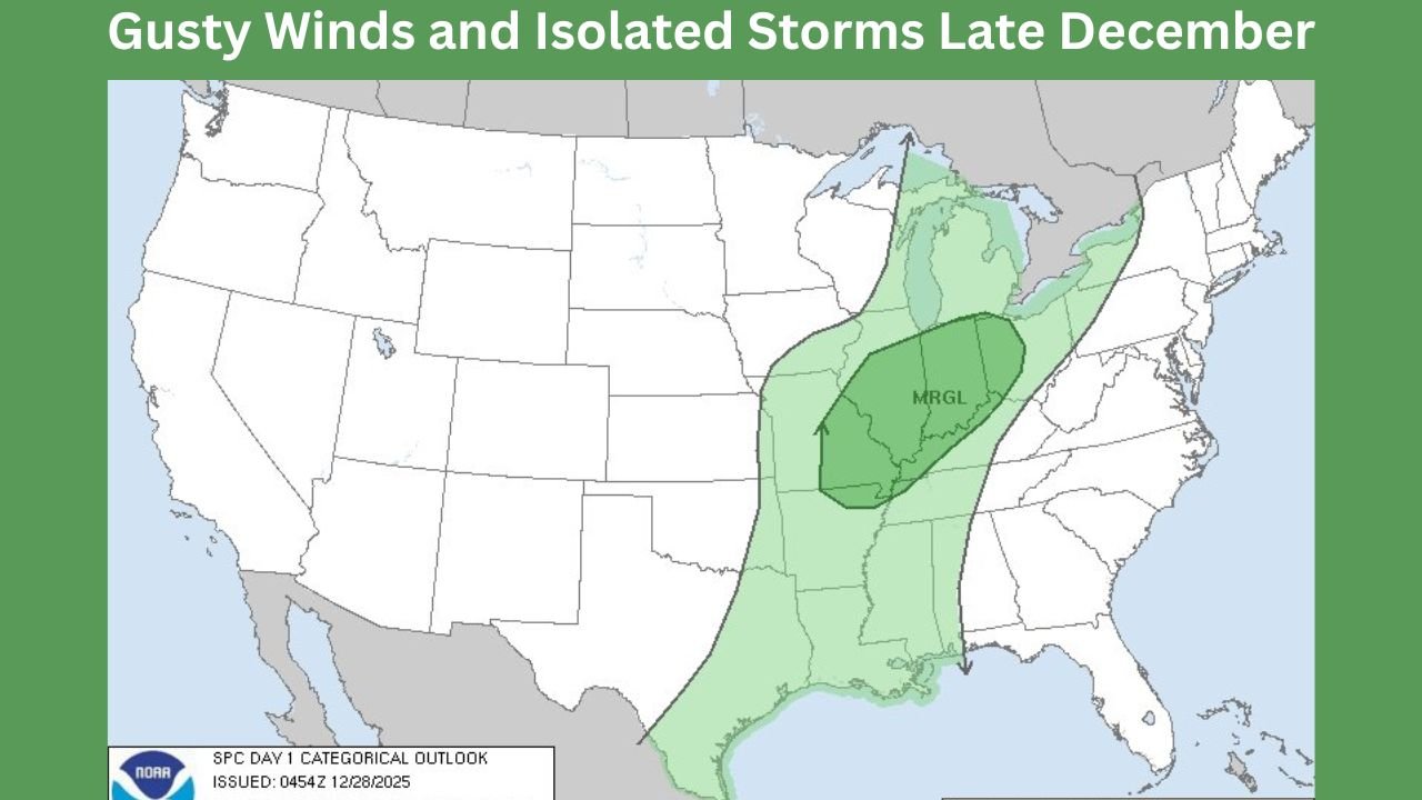 Illinois, Missouri, and Ohio Face Marginal Severe Weather Risk With Gusty Winds and Isolated Storms Late December 28–29, SPC Warns