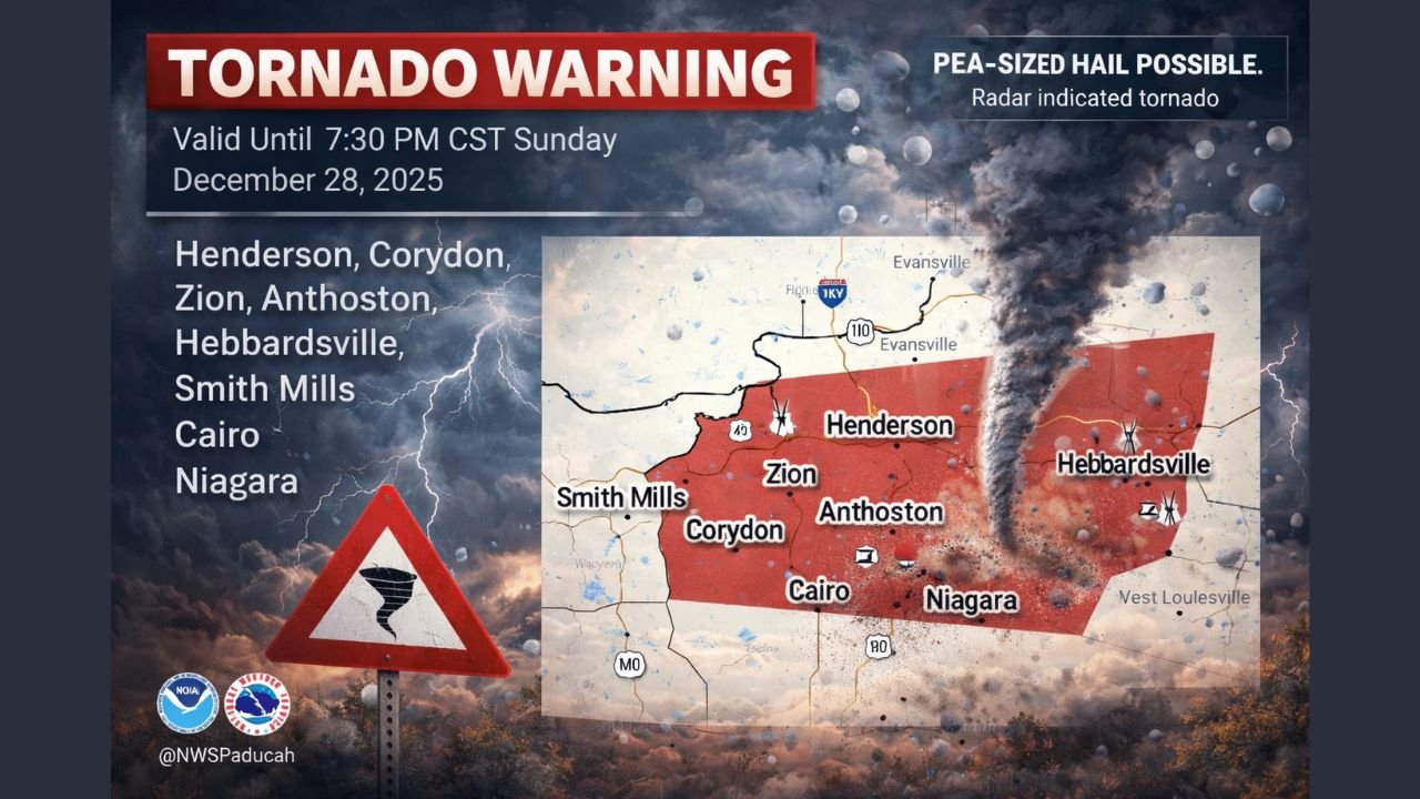Kentucky Tornado Warning Issued for Henderson, Corydon, and Spottsville Until 7:30 PM CST as Radar Indicates Rotation