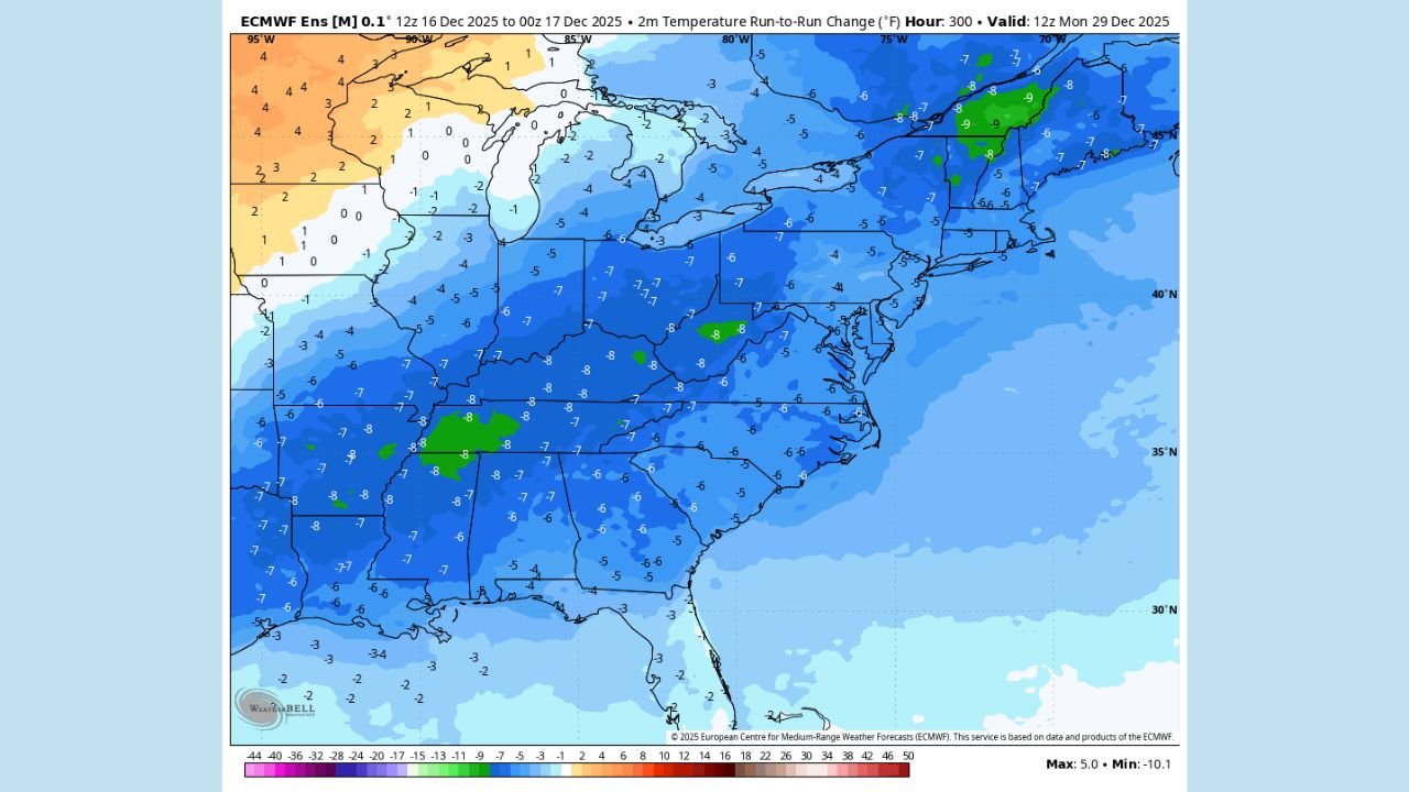 Late-December Temperature Shift Expected Across the Eastern United States as Forecast Models Trend 4–8°F Colder