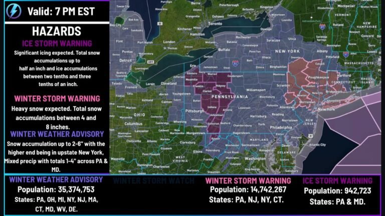 Major Winter Storm Targets Pennsylvania and Maryland With Ice Storm Warnings, Heavy Snow Forecast Across New York and Connecticut