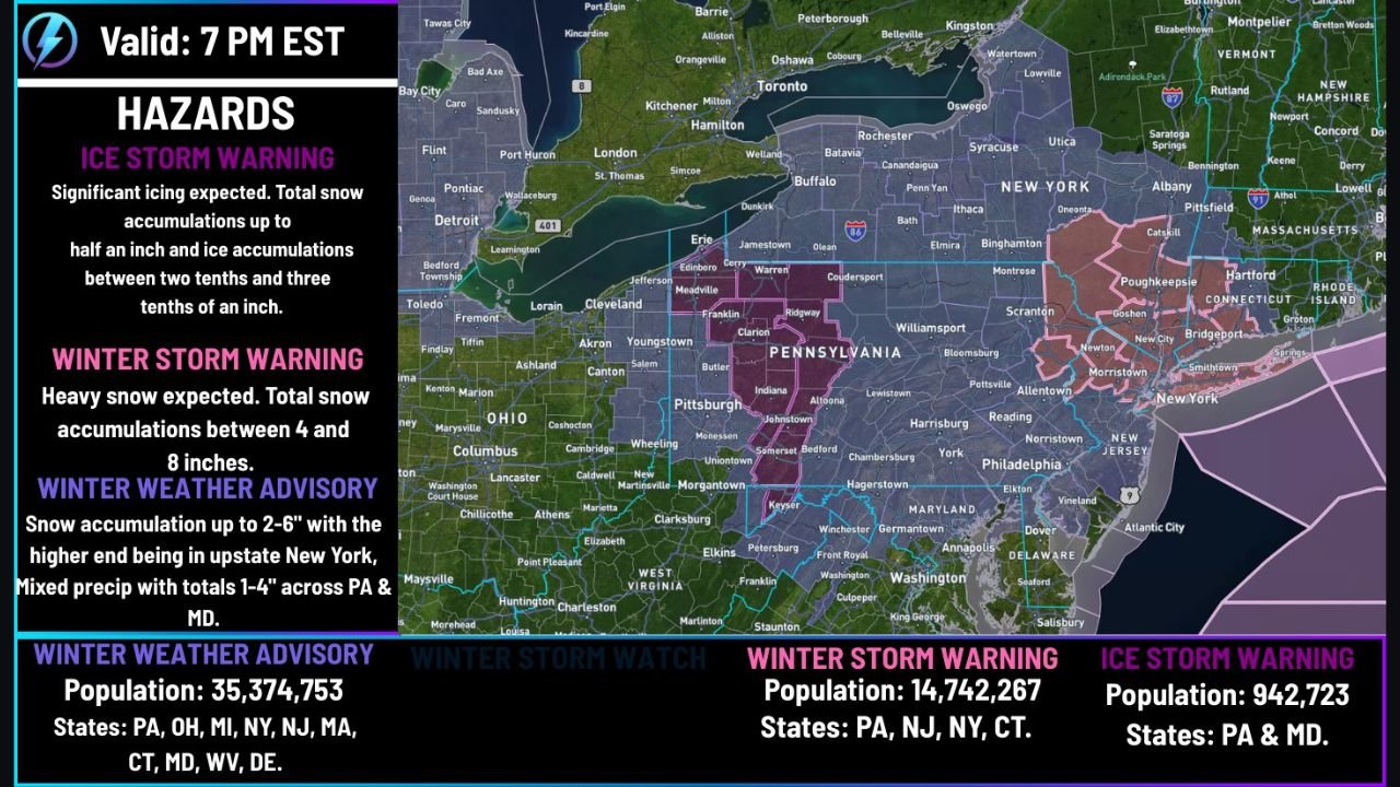 Major Winter Storm Targets Pennsylvania and Maryland With Ice Storm Warnings, Heavy Snow Forecast Across New York and Connecticut