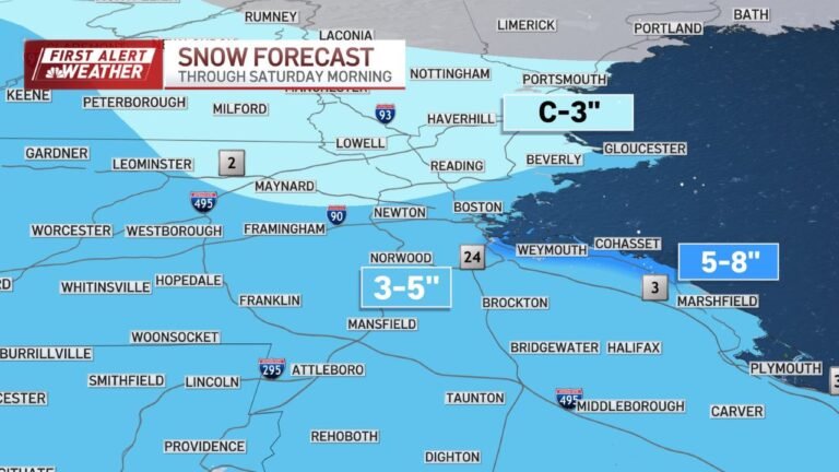 Massachusetts Snow Forecast Shows Accumulating Snow Bands With Heavier Totals South of Boston Through Saturday Morning