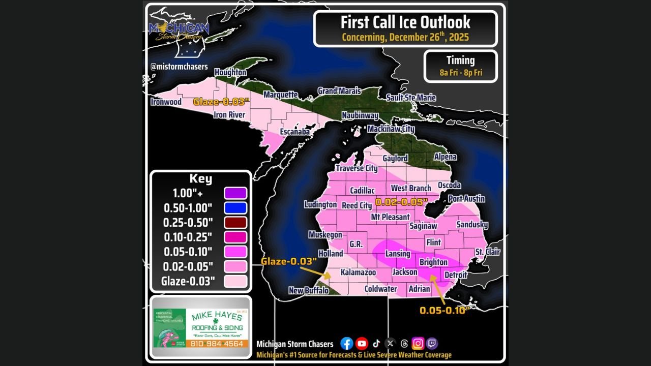 Michigan Freezing Rain Threat Could Create Dangerous Ice Conditions Across Lower Peninsula on Friday, December 26