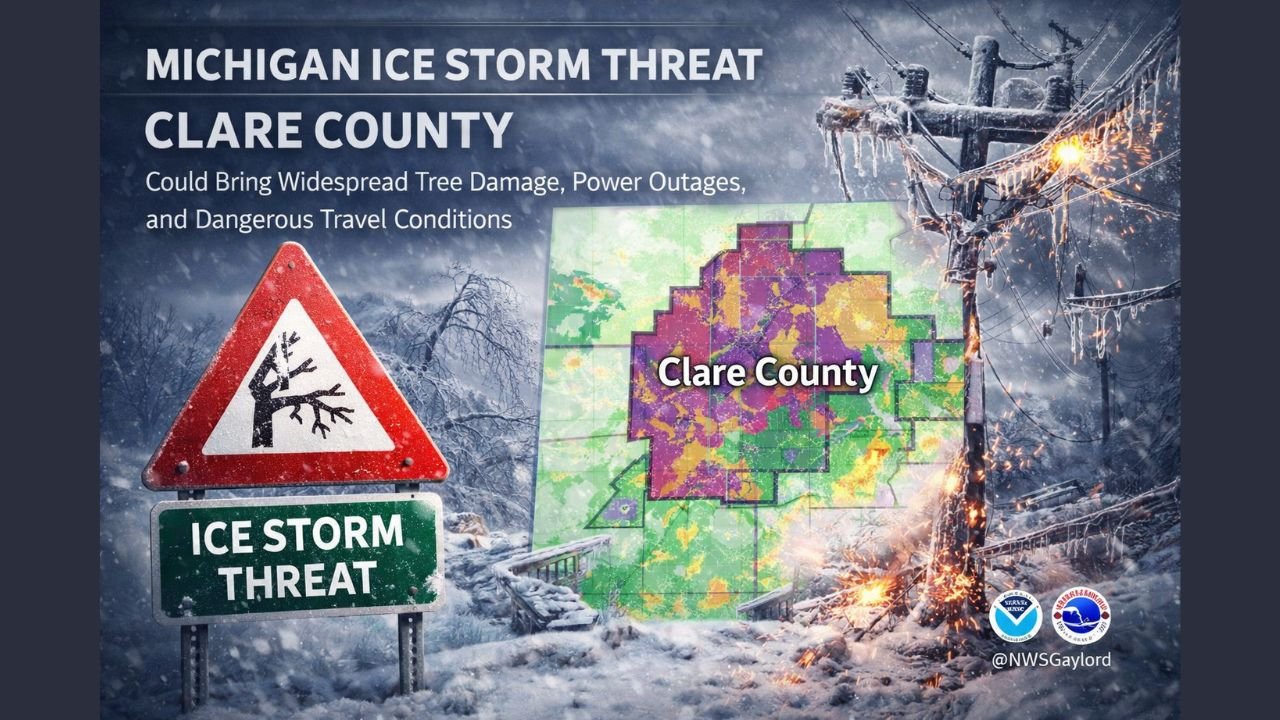Michigan Ice Storm Threat in Clare County Could Bring Widespread Tree Damage, Power Outages, and Dangerous Travel Conditions