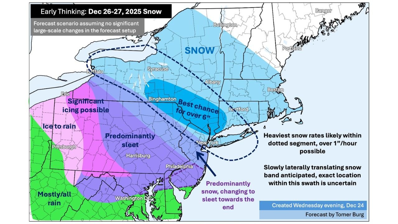 New York and Connecticut Face Potential Winter Storm as Snow Band Setup Targets Northeast From Dec. 26–27
