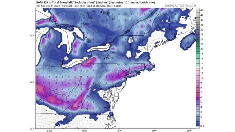 Ohio, Pennsylvania, New Jersey, and New York Bracing for Narrow Sunday Snow Band That Could Bring Several Inches to I-95 Corridor