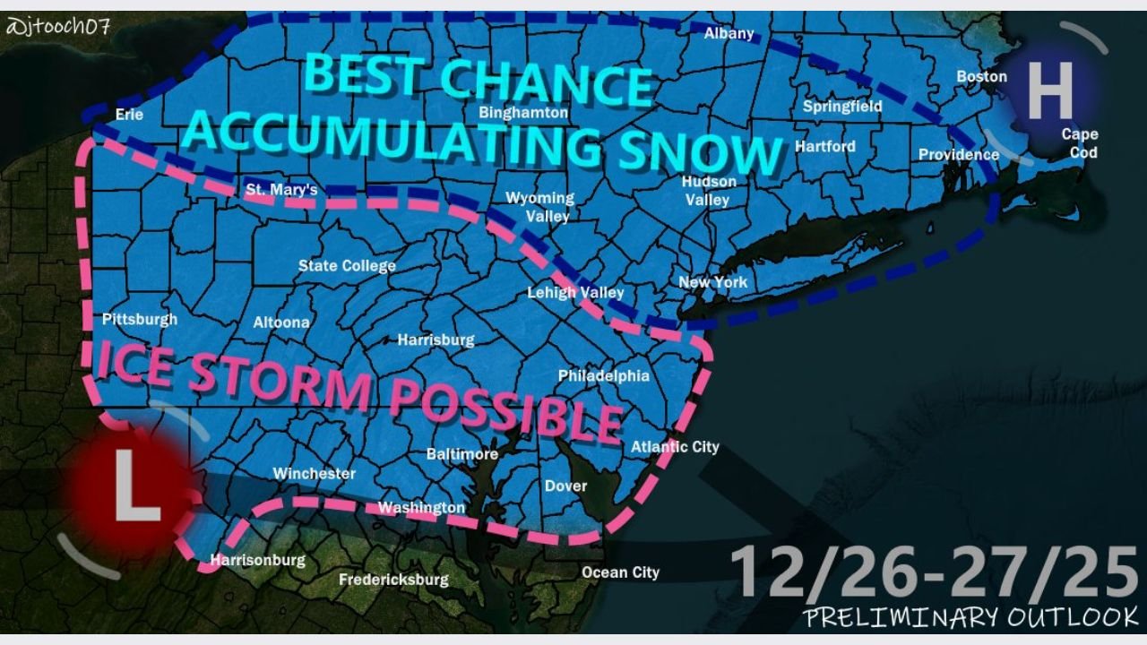 Pennsylvania, New York, New Jersey, Maryland, and New England Face Potential Snow and Ice Storm December 26–27 as Amplified Clipper System Develops