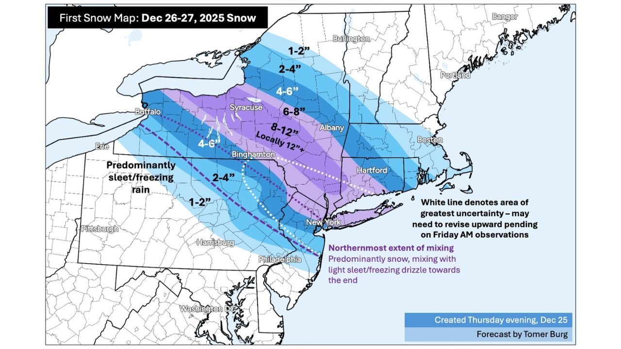 Pennsylvania, New York, and New England Face Potential Winter Storm With Snow, Sleet, and Freezing Rain Expected December 26–27
