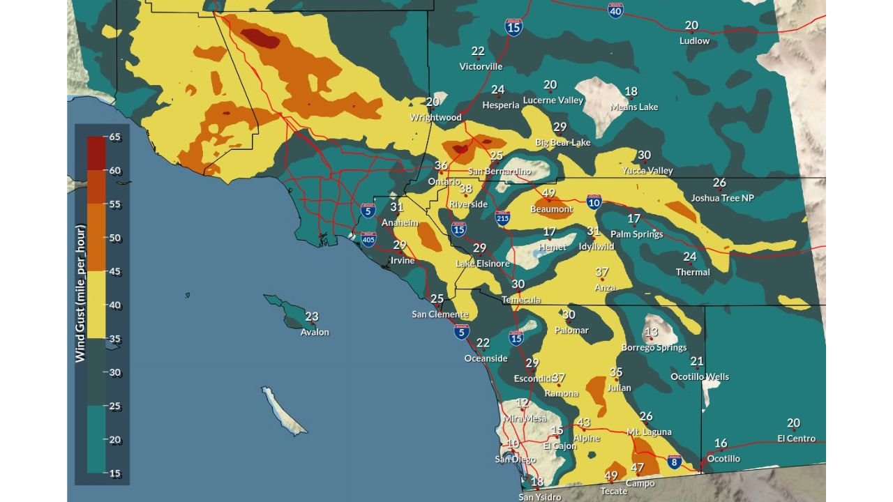 Southern California Santa Ana Winds Peak Across Los Angeles, San Bernardino, Riverside, and San Diego Counties, Triggering Hazardous Travel and Fire Weather Concerns