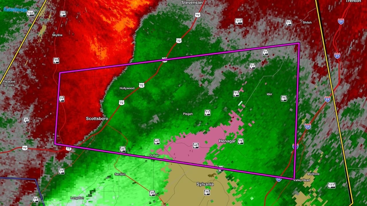Tornado Warning Issued for Scottsboro, Alabama as Radar Indicates Strong Rotation Moving Across Jackson County