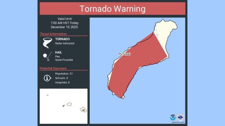 Tornado Warning Issued for Puʻuwai Area of Hawaiʻi Island Until 7:00 AM HST as Radar Detects Rotating Storm