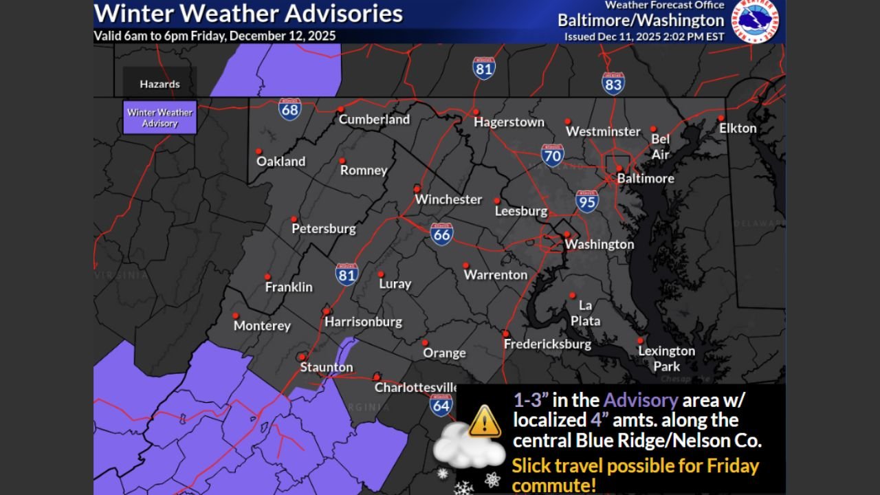Virginia’s Central Blue Ridge and Nelson County Under Winter Weather Advisory as 1–3 Inches of Snow Threaten Slick Friday Morning Commute