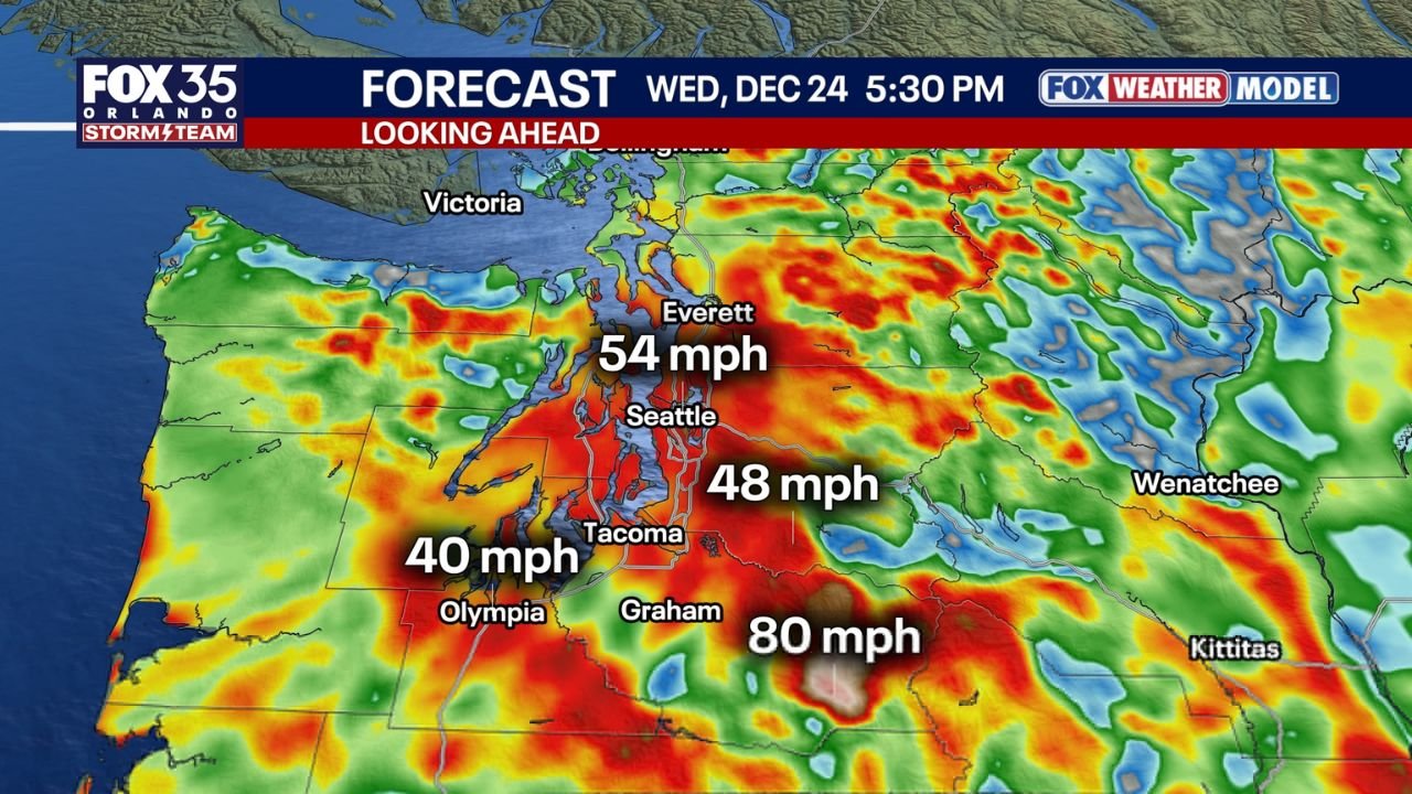 Washington State Faces Powerful Wind Event as 40–60 MPH Gusts Threaten Seattle Area, With Isolated Gusts Near 80 MPH in Western Interior