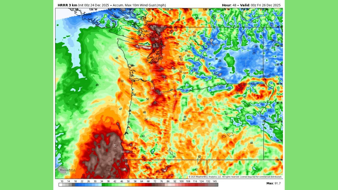 Washington and Oregon Face Potentially Historic I-5 Corridor Windstorm as Christmas Eve System Brings 45–80 mph Gust Threat