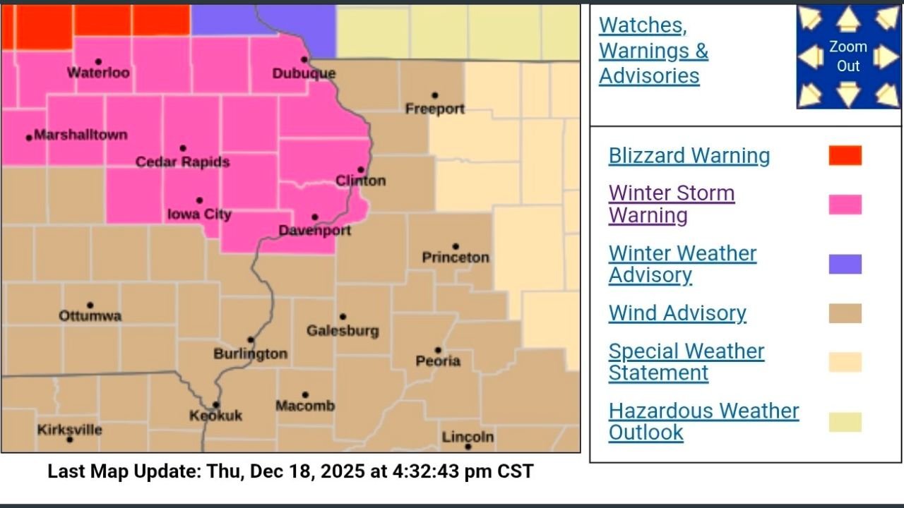 Winter Storm Warnings Expanded Across Iowa as Flash Freeze and Whiteout Risks Develop Thursday Evening