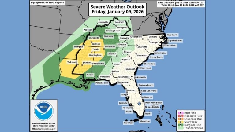 Alabama, Mississippi, Tennessee, and Georgia Face Heavy Rain and Severe Storm Threat as Powerful System Targets Southeast by Friday