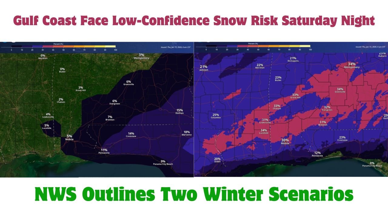 Alabama, Mississippi, and Florida Gulf Coast Face Low-Confidence Snow Risk Saturday Night as NWS Outlines Two Winter Scenarios