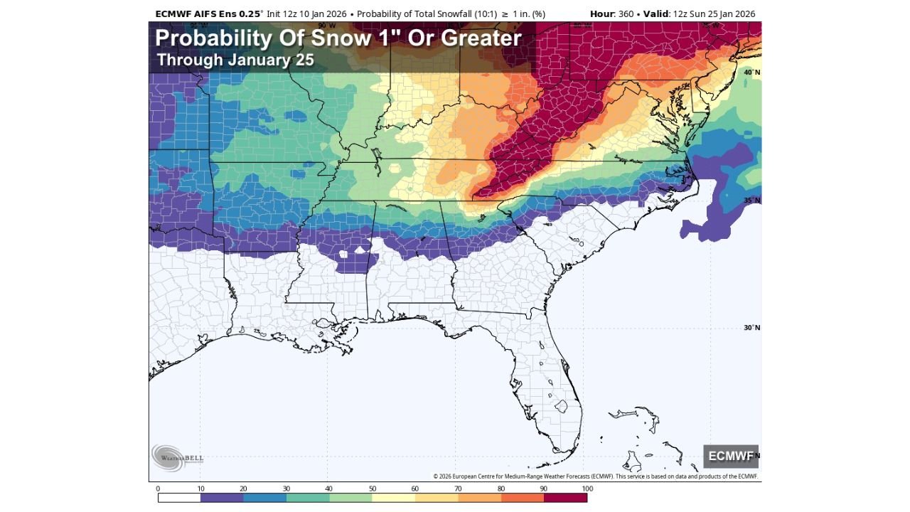 Alabama, Tennessee, Mississippi, and Georgia Face Increased Late-January Snow Potential as Colder Pattern Returns, Though Forecast Confidence Remains Limited