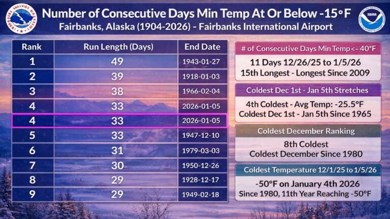 Alaska Records Historic Cold as Fairbanks Ends One of the Longest Extreme Freeze Stretches Ever Recorded