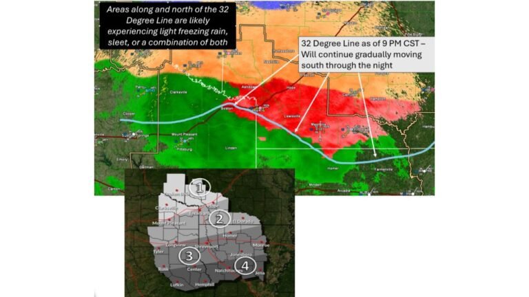 Areas Near and North of I-30 See Rapid Onset of Icing as Freezing Line Surges South Faster Than Forecast
