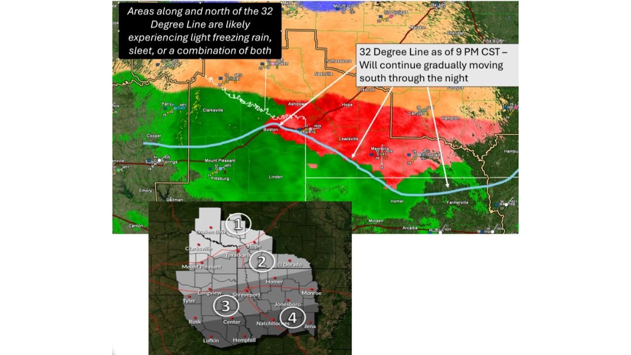 Areas Near and North of I-30 See Rapid Onset of Icing as Freezing Line Surges South Faster Than Forecast