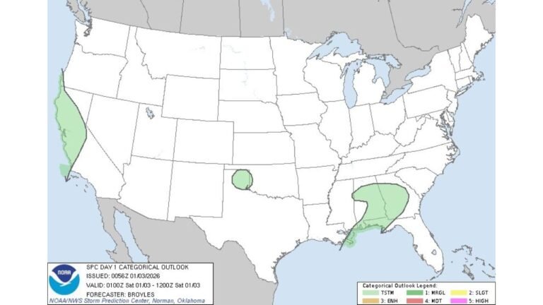California, Florida, Georgia, Alabama, Mississippi, and Oklahoma Face Marginal Severe Weather Risk in Latest SPC Day 1 Outlook