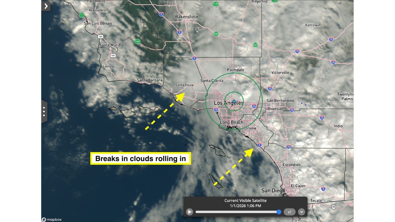 California Skies Begin to Clear Over Los Angeles as Clouds Break Up and Drier Weather Develops Ahead of Rose Bowl Game