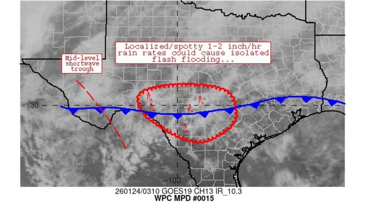 Central Texas and the Hill Country Face Isolated Flash Flood Risk as Rain Rates Near 2 Inches Per Hour Develop Overnight