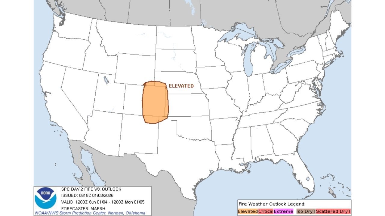 Colorado and Kansas Face Elevated Fire Weather Risk Sunday as Dry Winds and Low Humidity Spread Across the Central Plains