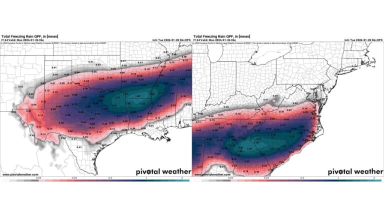 Destructive Ice Storm Threatens Texas, the Deep South, and the Carolinas With Widespread Power Outages Late This Week