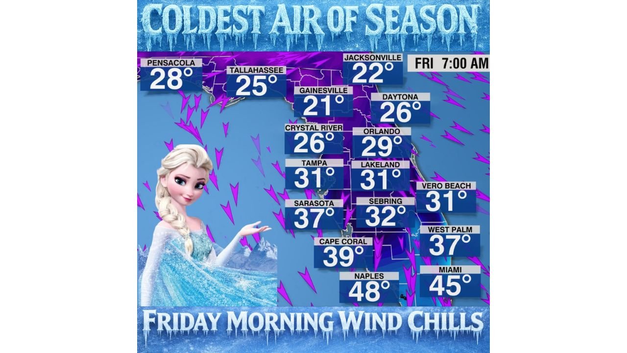 Florida Faces Season’s Sharpest Cold Snap With Near-Freezing Morning Temperatures Expected Friday