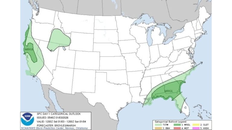 Florida, Georgia, Alabama, Mississippi, California, and Oregon Placed Under SPC Marginal Severe Weather Risk