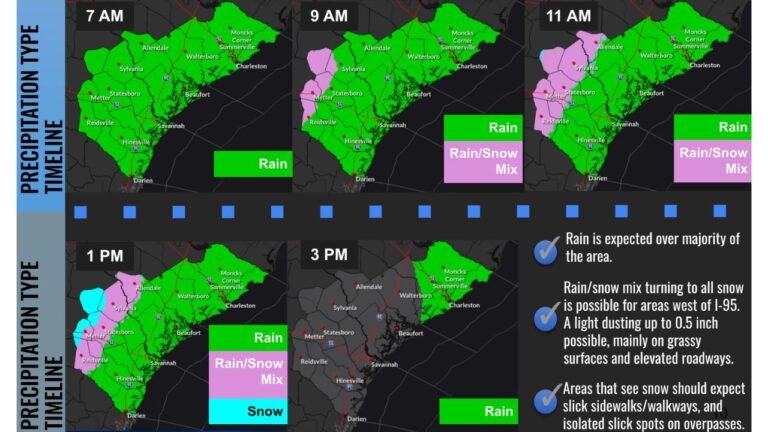 Georgia, Alabama, and South Carolina Face Limited Sunday Snow Risk as Rain Transitions Briefly to Wintry Mix