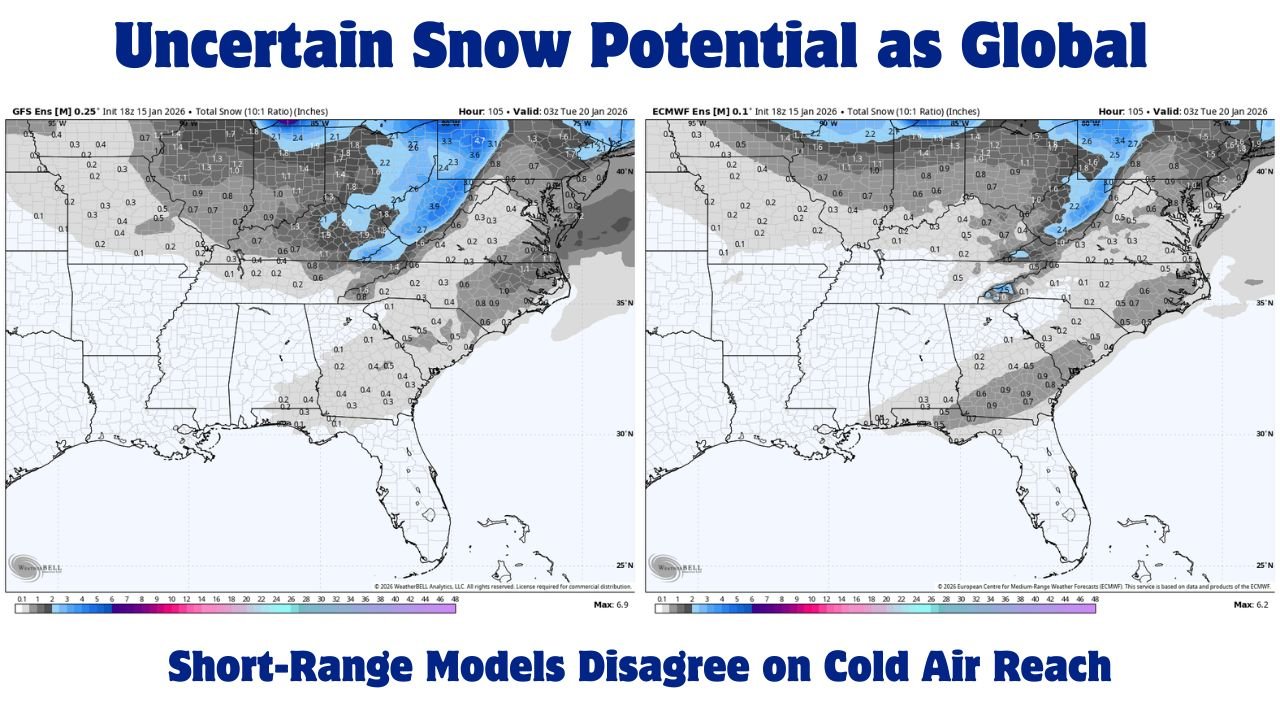 Georgia, North Carolina, and South Carolina Face Uncertain Snow Potential as Global and Short-Range Models Disagree on Cold Air Reach