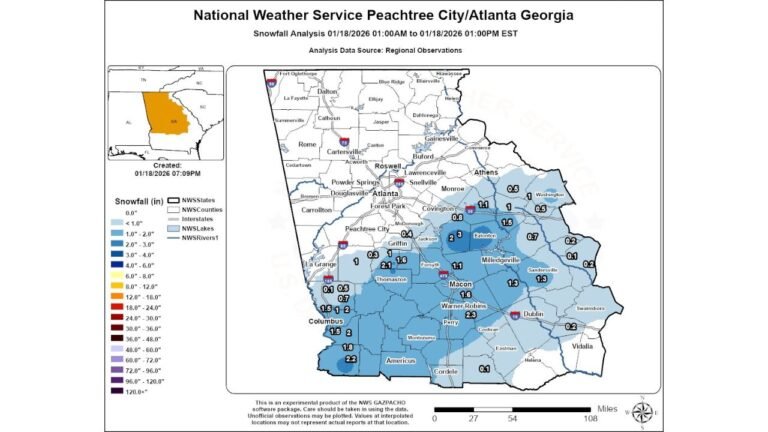 Georgia Snowfall Corridor Delivers Up to 3 Inches Across Central and East-Central Counties