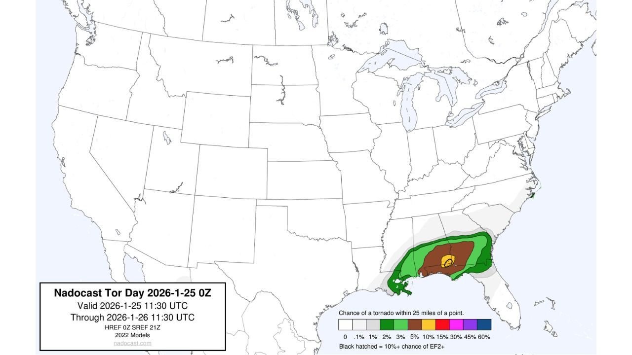 Gulf Coast Tornado Threat Peaks Overnight as New Model Guidance Highlights Elevated Risk Across Louisiana, Mississippi, Alabama, and the Florida Panhandle