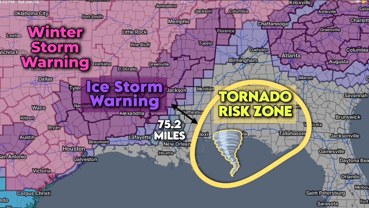 Ice Storm and January Tornado Risk Collide Across Louisiana, Mississippi, Alabama, and Florida as Dangerous Storm System Splits the South