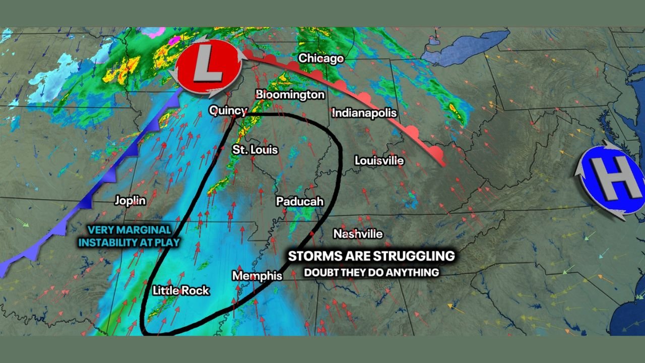 Illinois, Missouri, Arkansas, Kentucky, and Tennessee See Weakening Storm Line as Severe Threat Remains Very Low Thursday Evening