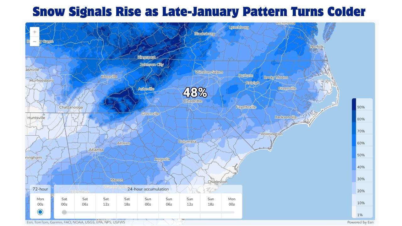 Indiana, Illinois, Michigan, Missouri, North Carolina: Snow Signals Rise as Late-January Pattern Turns Colder and More Active