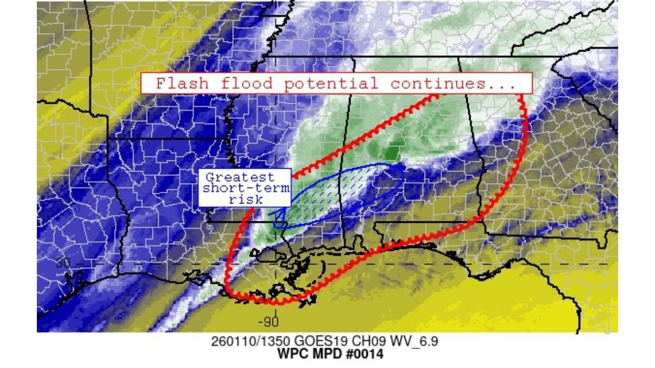 Louisiana, Mississippi, Alabama, and Georgia Face Ongoing Flash Flood Threat as WPC Flags Highest Short-Term Risk